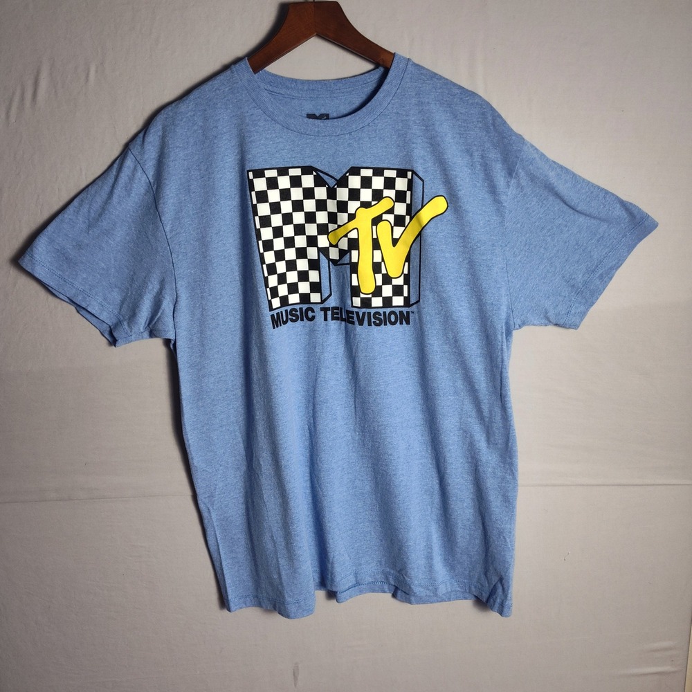 MTV Music Television Graphic T-Shirt Mens XL Blue Heather Checkerboard Logo Tee
